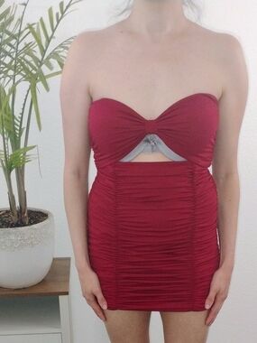 Strapless Ruched Cutout Mini Dress in Burgundy